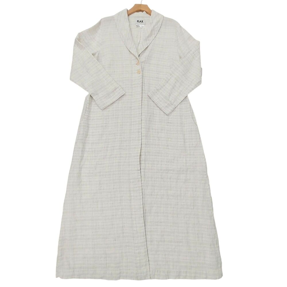 FLAX Long Linen Duster Jacket Womens Large Beige Plaid Lagenlook Layered Coastal